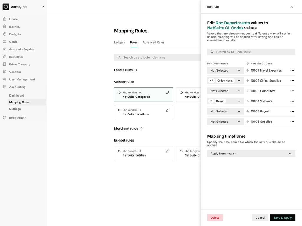 Rho Accounting Mapping Rules