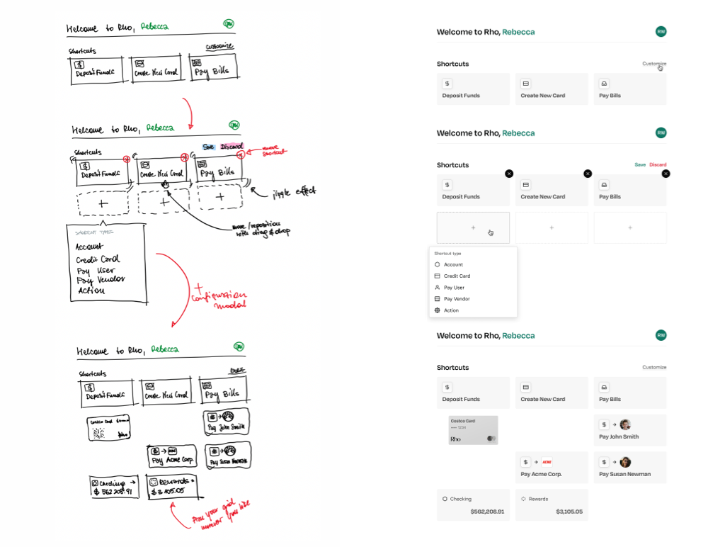 Home shortcuts section sketch and final design